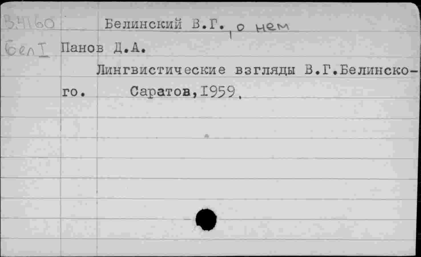 ﻿-
		Белинский В.Г. о ые.^л
ЫлТ	Пано	в Д.А.
		Лингвистические взгляды В.Г.Белинско-
	го.	Саратов,1959
		
		.. 	 . . . *
		
		
		
		
		
		